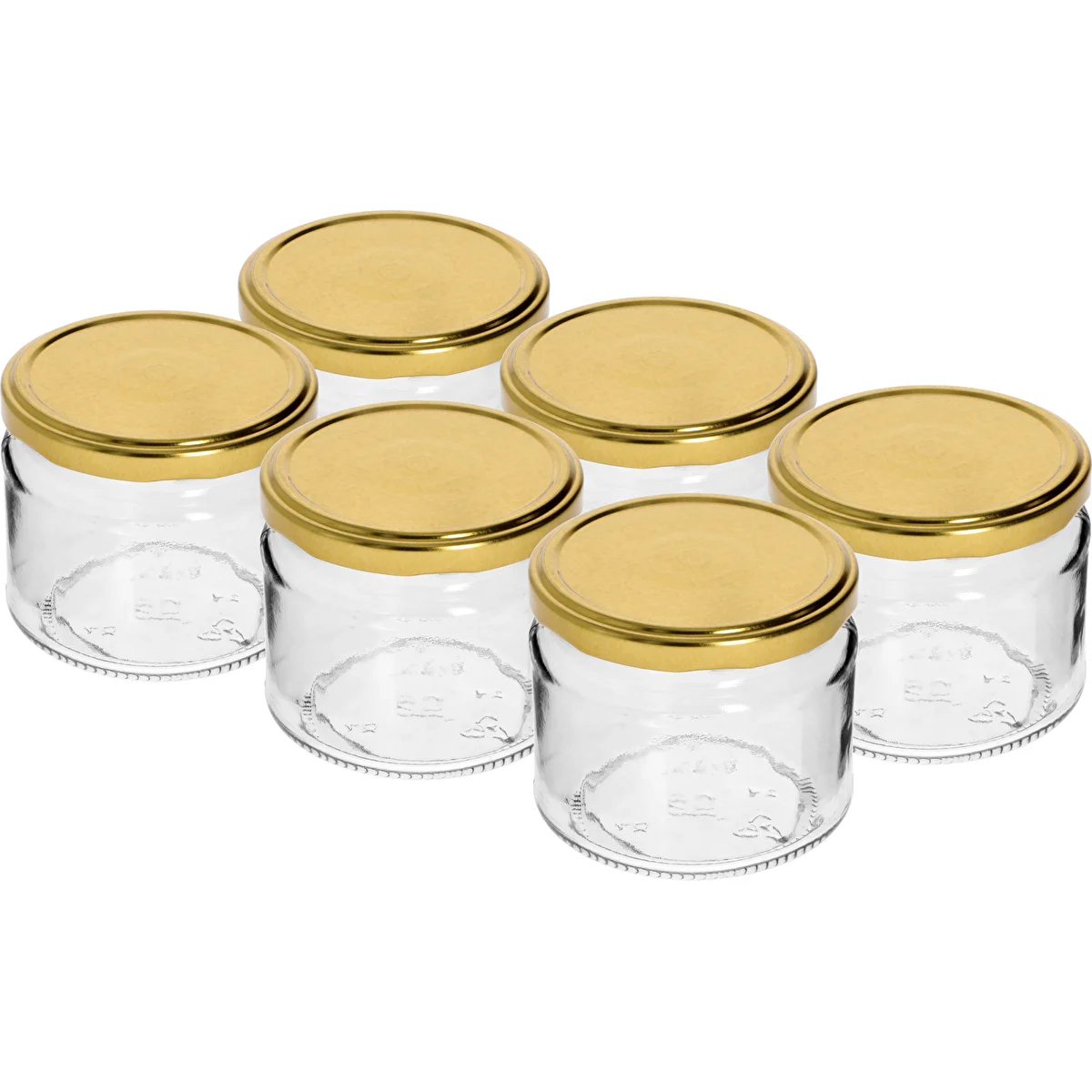 Tarro bajo 330ml fi82/6 con tapa dorada 6uds
