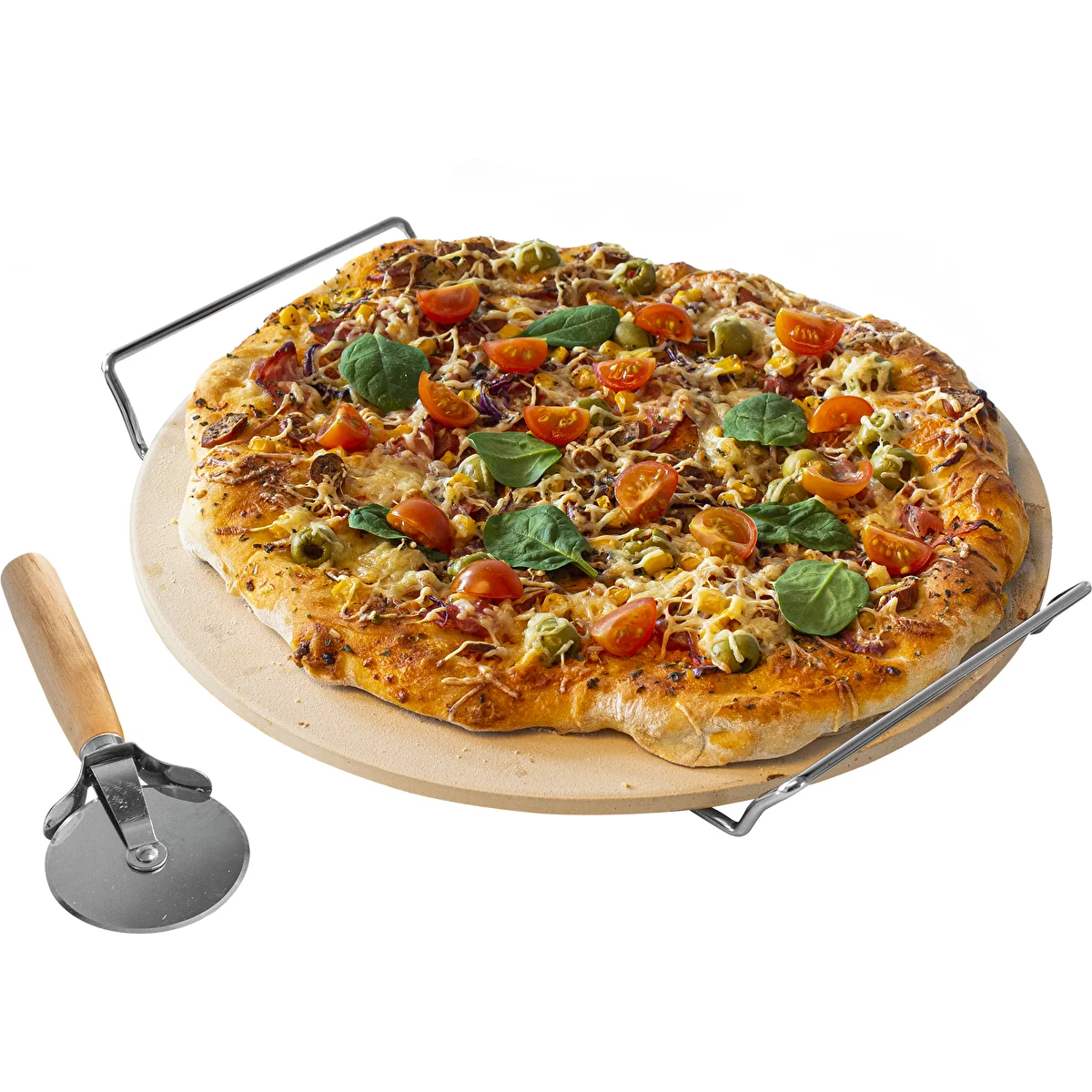 Piedra para pizza con asa y cuchillo, Ø 33 cm
