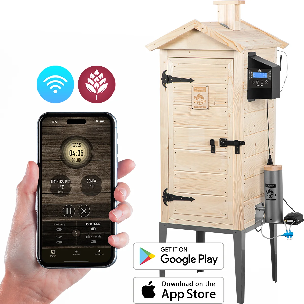 Ahumador con Wi‑Fi, 200 L - dragON WOOD 100IQ con módulo calefactor eléctrico y controlador