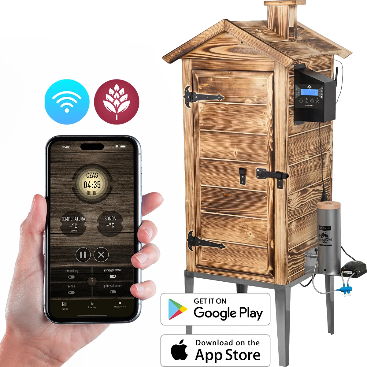 Ahumador con Wi‑Fi, 200 L - dragON WOOD 100IQ con módulo calefactor eléctrico y controlador, a leña