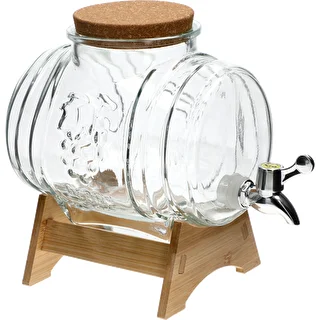 Barril de vidrio de 3 L, con boca ancha, corcho, soporte y grifo