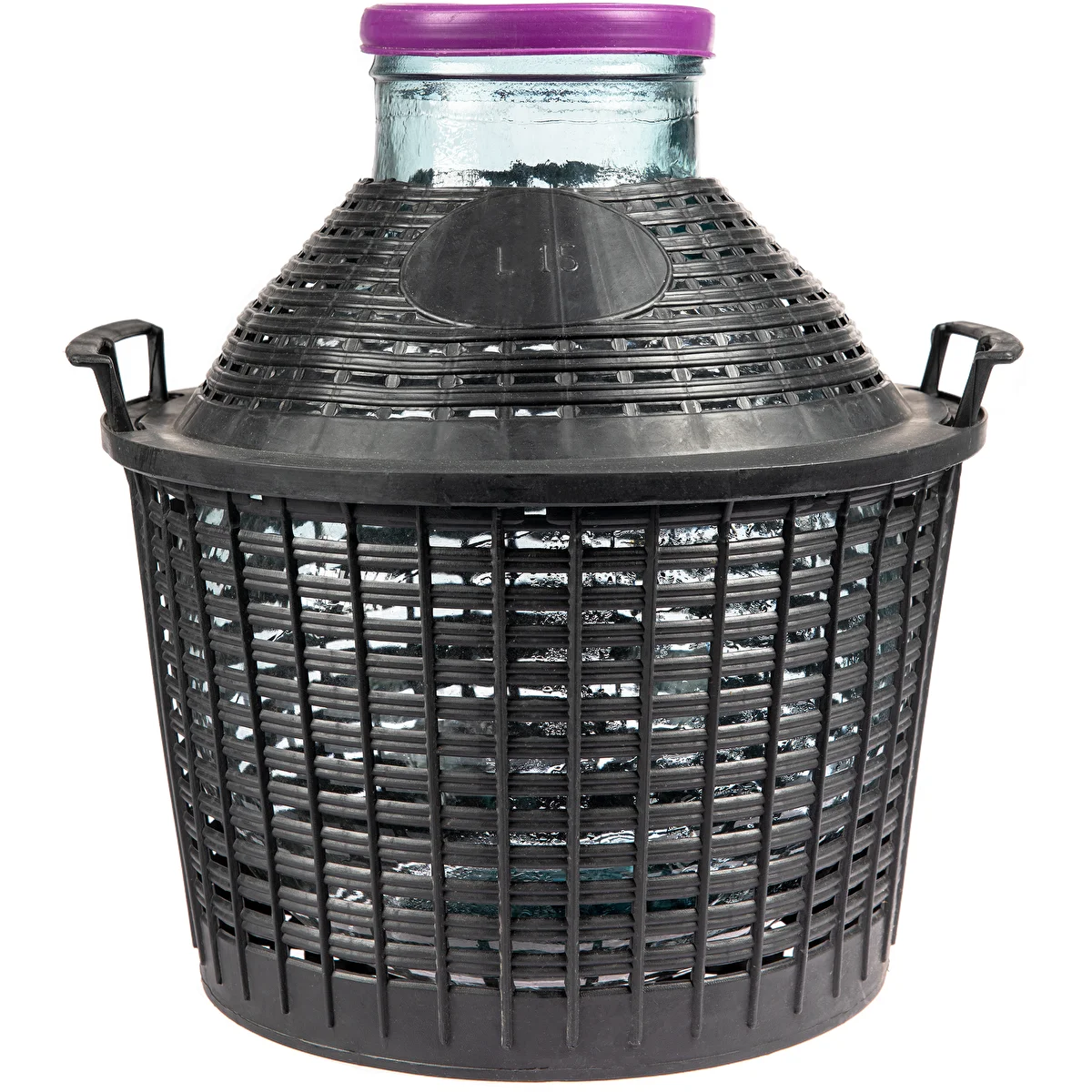 Balón para vino 15L con cuello ancho en cesta de plástico.