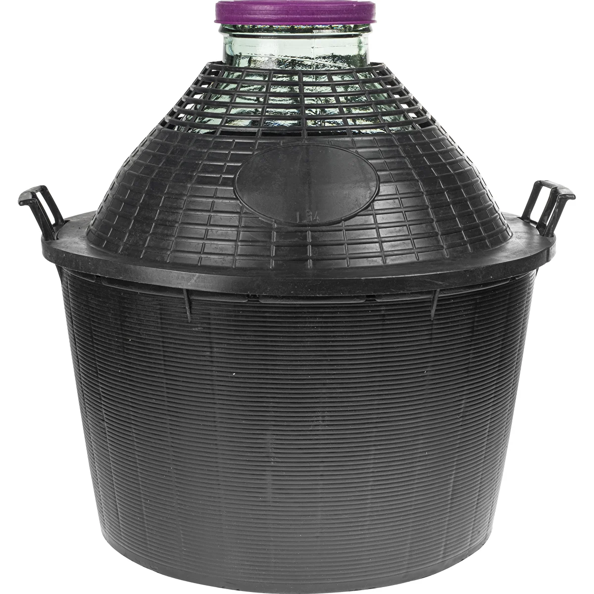 Balón para vino 34L con cuello ancho en cesta de plástico.