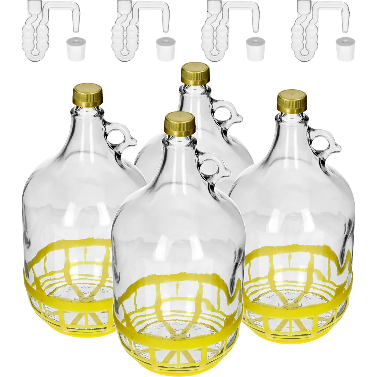 4 x Dama 5L con tapón, tubo de fermentación, cierre y cesta
