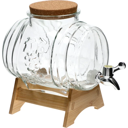 Barril de vidrio de 3 L, con boca ancha, corcho, soporte y grifo  - 1 