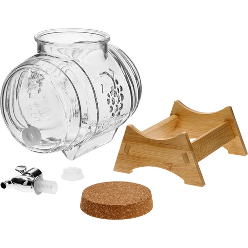 Barril de vidrio de 3 L, con boca ancha, corcho, soporte y grifo - 3
