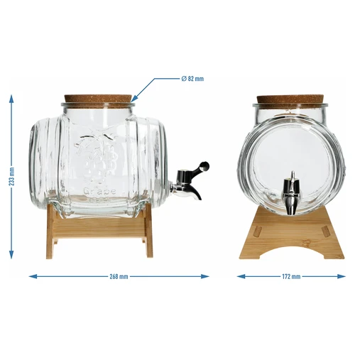 Barril de vidrio de 3 L, con boca ancha, corcho, soporte y grifo - 6