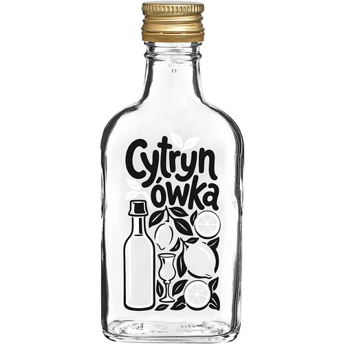 Botella tipo petaca 200 ml con tapón de rosca y estampado “Cytrynówka”, diseño 1