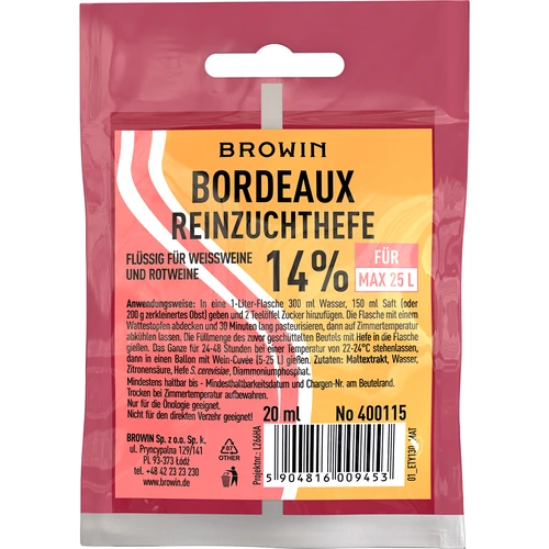 Levadura enológica Bordeaux, 20 ml DE/EN  - 1 