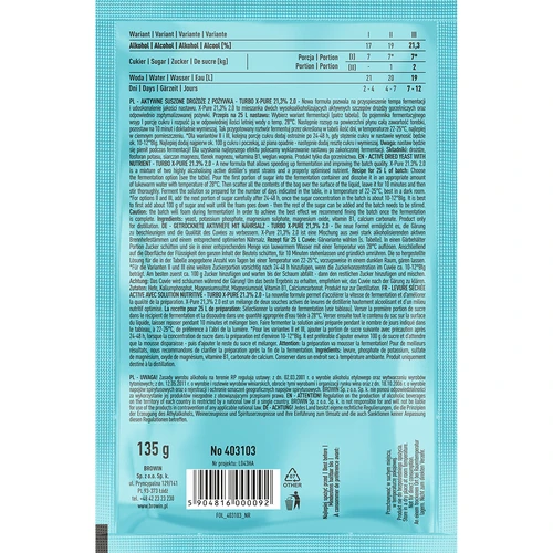 Levaduras Turbo X-Pure 21,3% 48h, 25 L - 2