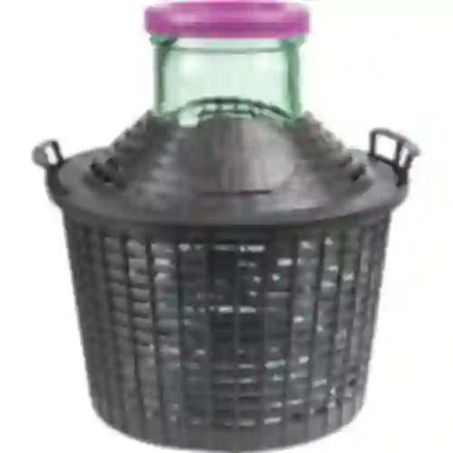 Balón para vino 10L con cuello ancho en cesta de plástico.