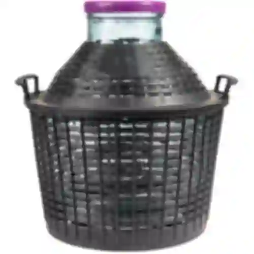Balón para vino 15L con cuello ancho en cesta de plástico.