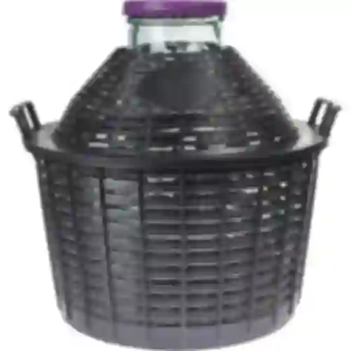 Balón para vino 25L con cuello ancho en cesta de plástico.