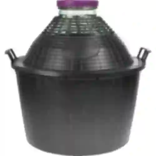 Balón para vino 34L con cuello ancho en cesta de plástico.