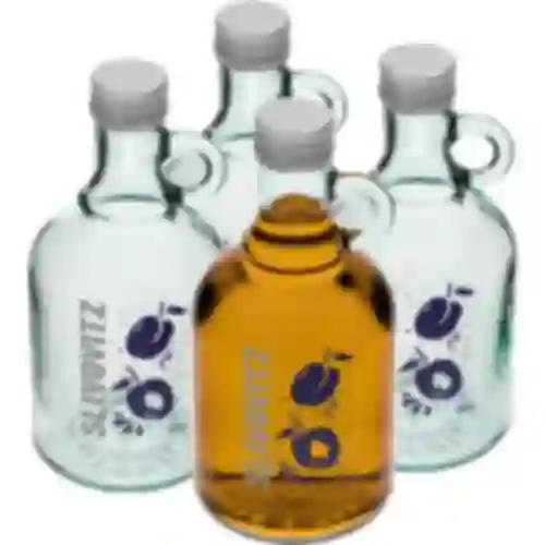 Botella 0,5 L con tapón, impresión Licor de Ciruela - 4 uds.