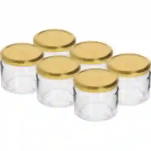 Tarro bajo 330ml fi82/6 con tapa dorada 6uds