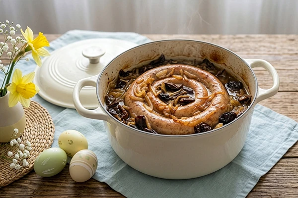 Salchicha blanca enrollada al horno con setas y ciruela ahumada