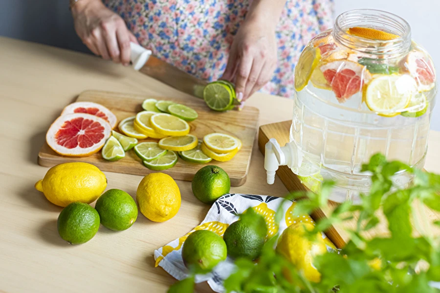Bebida isotónica casera con limones, limas y pomelos